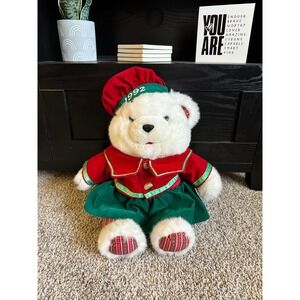Vintage 1992 Kmart Christmas Bear Plush White Holiday Red Green Velvet Outfit